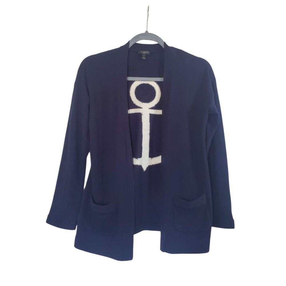 Talbots Anchor Navy Blue Cashmere Blend Open Cardigan Sweater, Petite Size XS